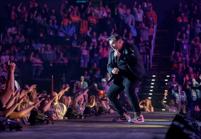 Newsong lead singer Russ Lee works the catwalk during the Winter Jam 2024 tour Thursday, March 14, 2024 at the Peoria Civic Center.