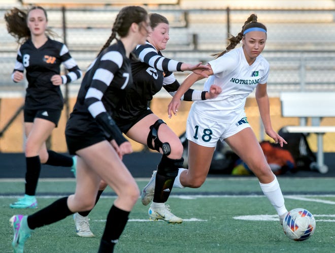 Peoria Notre Dame's Ava Lafollette, right, moves the ball around the Washington defense in the first period of their girls soccer match Tuesday, March 19, 2024 in Washington. The Irish defeated the Panthers 2-0.