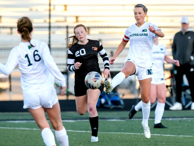 Peoria Notre Dame's Elly Bare, right, passes the ball ahead of Washington's Willow Toft in the first period of their girls soccer match Tuesday, March 19, 2024 in Washington. The Irish defeated the Panthers 2-0.