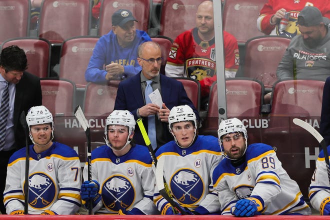 Coach Don Granato looks on from the Buffalo Sabres bench.