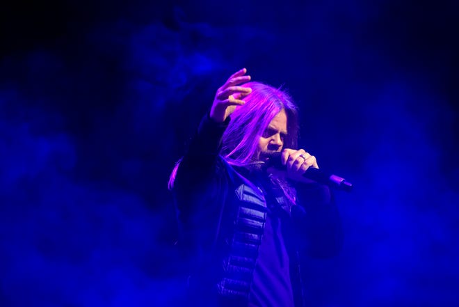Lead vocalist Todd La Torre of the heavy metal band Queensrÿche performs in some rolling fog Wednesday, April 10, 2024 at the Peoria Civic Center Theater.