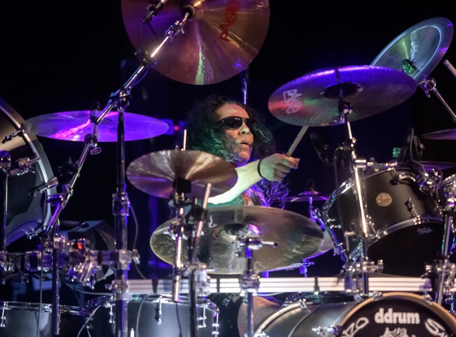 Armored Saint drummer Gonzo Sandoval pounds the drums Wednesday, April 10, 2024 at the Peoria Civic Center Theater.