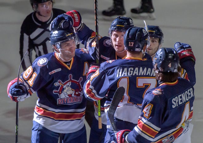 The Peoria Rivermen celebrate Alec Hagman's goal against Pensacola in the first period of Game 2 of the first round of the SPHL playoffs Saturday, April 13, 2024 at the Peoria Civic Center. The Rivermen advanced to the semifinals with a 6-1 victory.