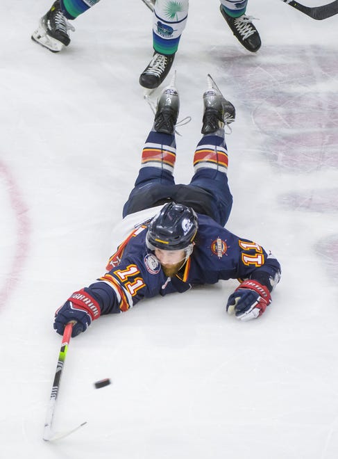 Peoria's Jordan Ernst dives to try and block a shot from Pensacola in the second period of Game 2 of the first round of the SPHL playoffs Saturday, April 13, 2024 at the Peoria Civic Center. The Rivermen advanced to the semifinals with a 6-1 victory.