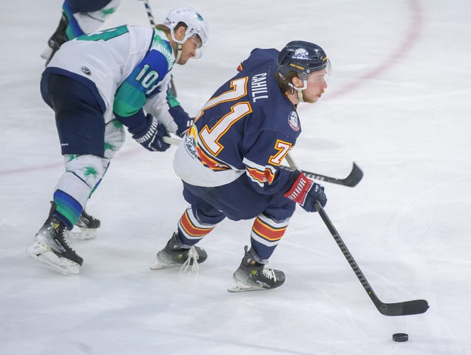 Peoria's Cayden Cahill (71) moves the puck up the ice against Pensacola in the third period of Game 2 of the first round of the SPHL playoffs Saturday, April 13, 2024 at the Peoria Civic Center. The Rivermen advanced to the semifinals with a 6-1 victory.