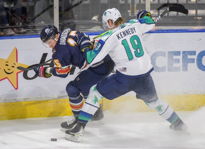 Peoria's Renat Dadadzhanov (15) and Pensacola's Spencer Kennedy in the second period of Game 2 of the first round of the SPHL playoffs Saturday, April 13, 2024 at the Peoria Civic Center. The Rivermen advanced to the semifinals with a 6-1 victory.