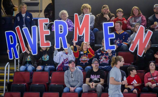 A group of fans spell out RIVERMEN in the stands as the team battles Pensacola in Game 2 of the first round of the SPHL playoffs Saturday, April 13, 2024 at the Peoria Civic Center. The Rivermen advanced to the semifinals with a 6-1 victory.