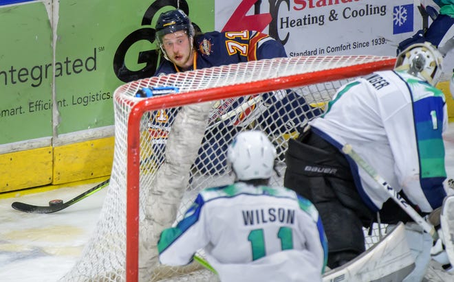 Peoria's Cayden Cahill falls to the ice behind the Pensacola net in the second period of Game 2 of the first round of the SPHL playoffs Saturday, April 13, 2024 at the Peoria Civic Center. The Rivermen advanced to the semifinals with a 6-1 victory.
